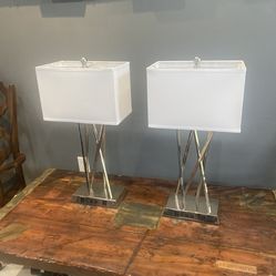 Modern Polished Chrome Table Lamps - Pair