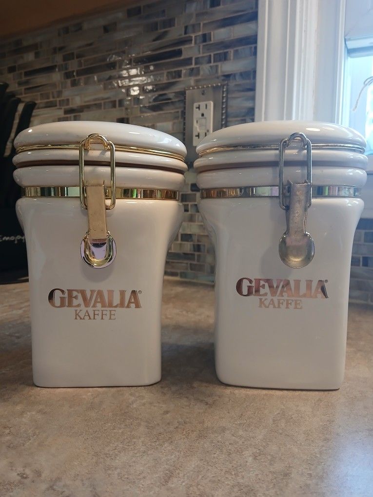 Two Vintage Gevalia Coffee White Kaffe Porcelain Ceramic Canisters