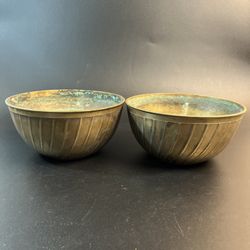 2 Vtg Brass Bronze Bowl Planter Pot 8.5" Set Pair Patina Farmhouse Rustic Decor