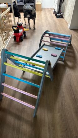Pikler Triangle Set with Cushion Large, 5 in 1 Toddler Climbing Toys Indoor, Montessori Foldable Climbing Set for Kids, Wooden Playground Jungle Gym w