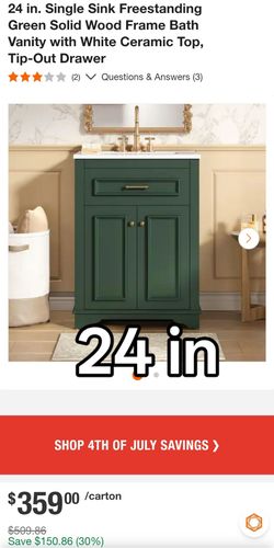 24 in. Single Sink Freestanding Green Solid Wood Frame Bath Vanity with White Ceramic Top, Tip-Out Drawer