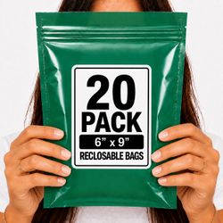 RECLOSABLE GREEN BAGS (20 PACK) 6" X 9" 2 MIL ZIPPER STORAGE BAGS NEW