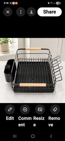 Crate & Barrel Black Dish Rack Wood Handles + Drain Tray