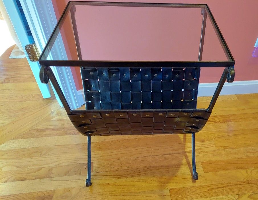 Table ,Wrought-iron, Glass Top , Leather Straps , Rare