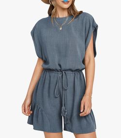 Women's Summer Casual Linen Romper Crew Neck Open Back Ruffle Short Jumpsuit with Drawstring