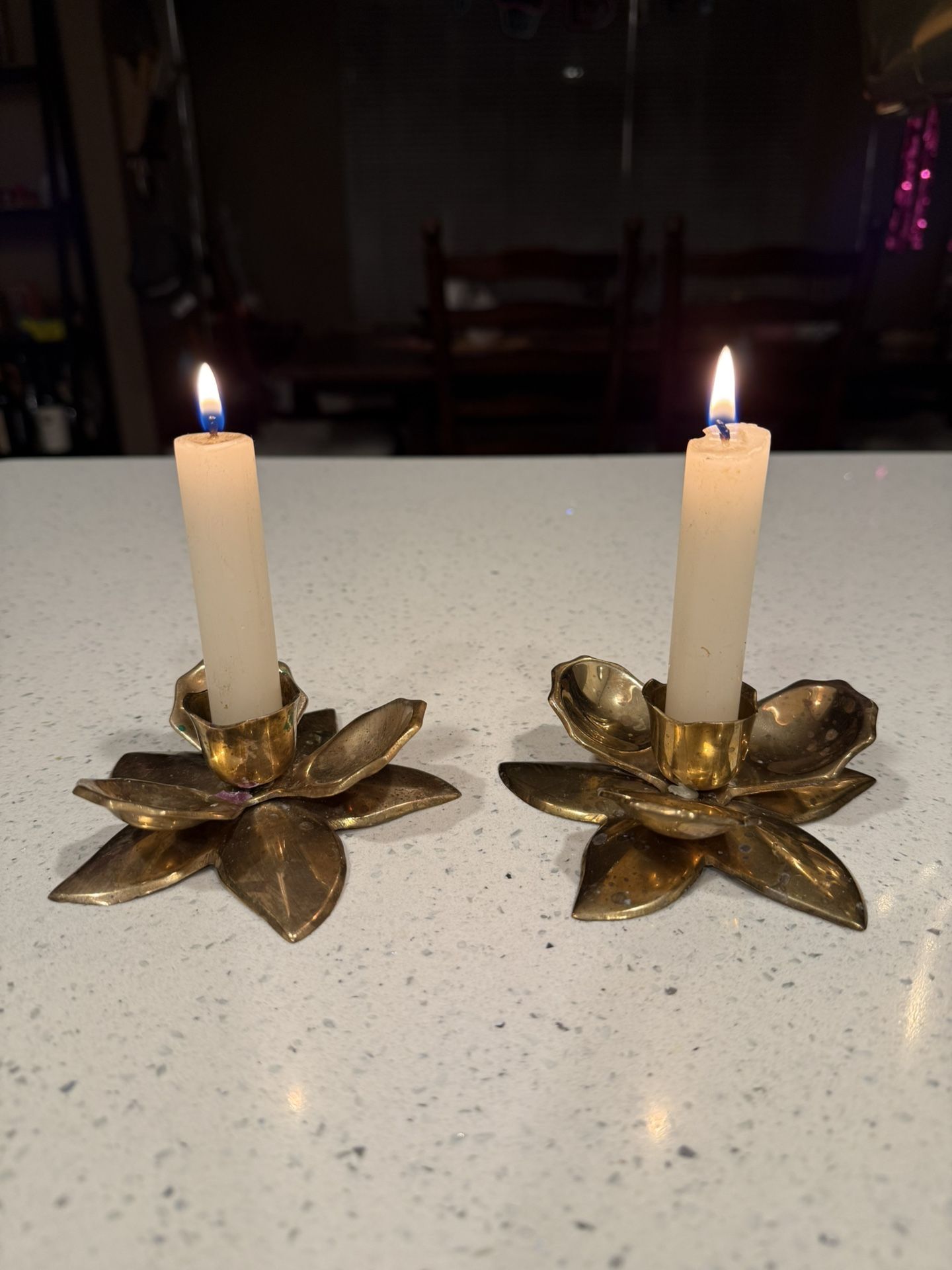 2 Vintage Brass Flower Candle Holders Lotus Beautiful India