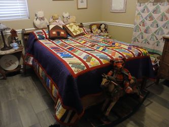 Antique Oak bedframe with Mattress and box springs.