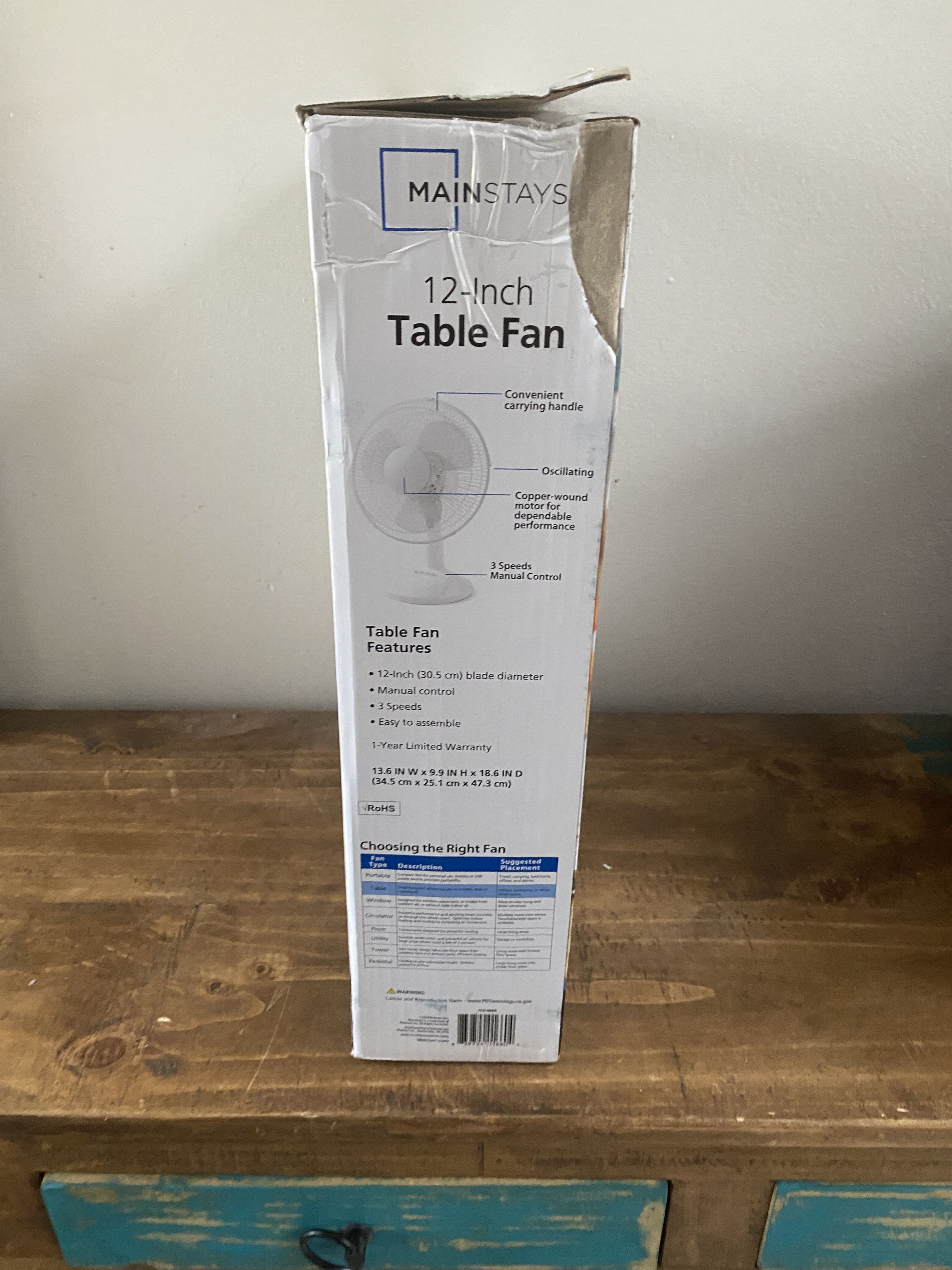 Mainstays 12" 3-Speed Oscillating Table Fan, Model## FT30-8MBW, White