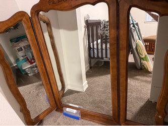 Vintage old real wood, dresser, and vanity that comes on dresser