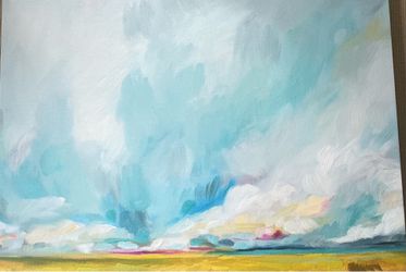 Original Oil Painting — Dramatic Sky Landscape, Teal, Cream & Gold