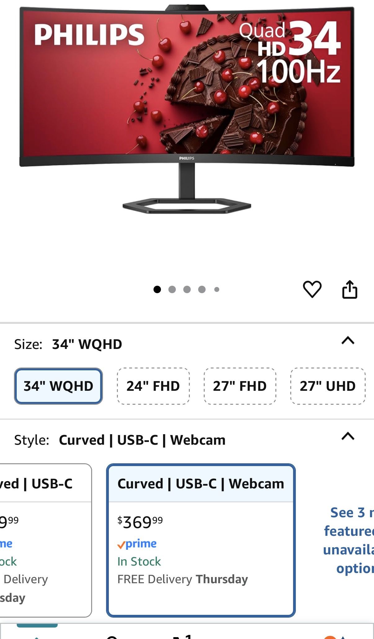 Phillips 34in Curved Monitor With Webcam