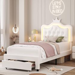 Twin Upholstered LED Bed Frame with Storage Drawer, Leather Princess Platform Bed with Adjustable Crystal Button Tufted Crown Headboard, Solid Wooden 