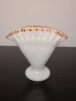 Vintage Fenton Milk Glass Pink Rose Crest Crimped Fan Vase