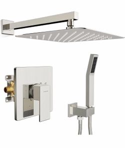 Shower Faucet Set & System - 12 Inch Rainfall Shower Head & Handle Set Wall Mounted Brushed Nickel Solid Brass Valve Trim Kit Included