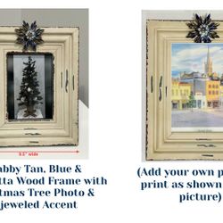 Shabby Tan, Blue & Terracotta Wood Frame with Christmas Tree Photo & Bejeweled Accent