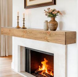 Fireplace Mantel Shelf, 84x8x5 Pine Wood Mantel, Oak Color, Floating Shelf