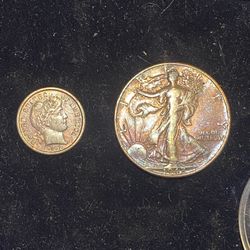 1942 Rainbow Tone Walking Liberty/1912 Rainbow Tone, Barber Dime