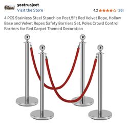 $60 Brand New 4 PCS Stainless Steel Stanchion Post,5Ft Red Velvet Rope, Hollow Base and Velvet Ropes Safety Barriers Set, Poles Crowd Control Barriers