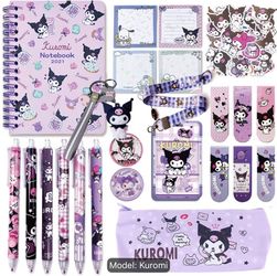 72pcs Cute Kuromi Stationery Gift Set Kawaii Back to School Including Notebook Pencil Case Ballpoint Pen ID Badge Holder Stickers Key Chain Bookmark [