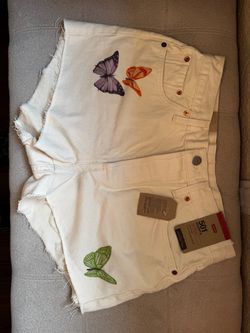 Levi's 501 White Denim Shorts with Butterfly Print