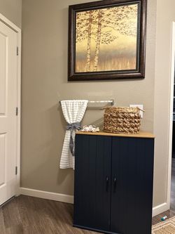 Navy Blue Cabinet with Wood Top