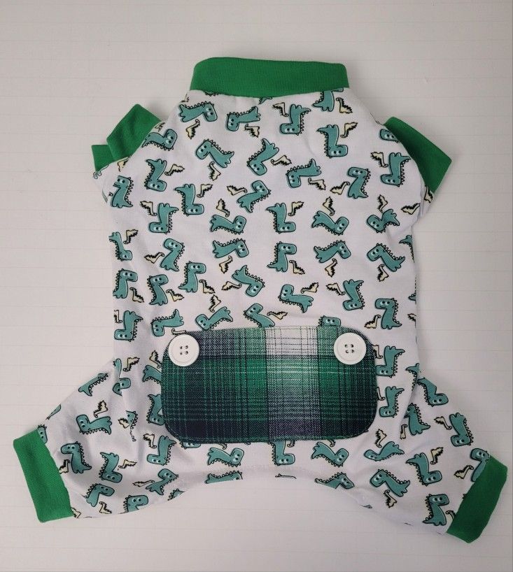 Small Dinosaur Pajama Pet Costume Pet Central White Green With Plaid Bum 10"