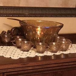 Antique Amber Punch Bowl Set 