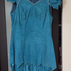 Turquois Suede Long Dress With FRINGES