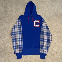 Champion Reverse Weave Plaid Sleeve Hoodie Blue Logo Pullover XL Men's