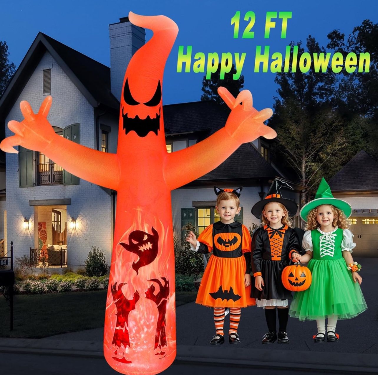 12 FT Halloween Inflatable Ghost with Color-Changing Fire LED Lights – Spooky Outdoor Yard Decoration for Halloween, Inflatable Ghost Decor for Garden