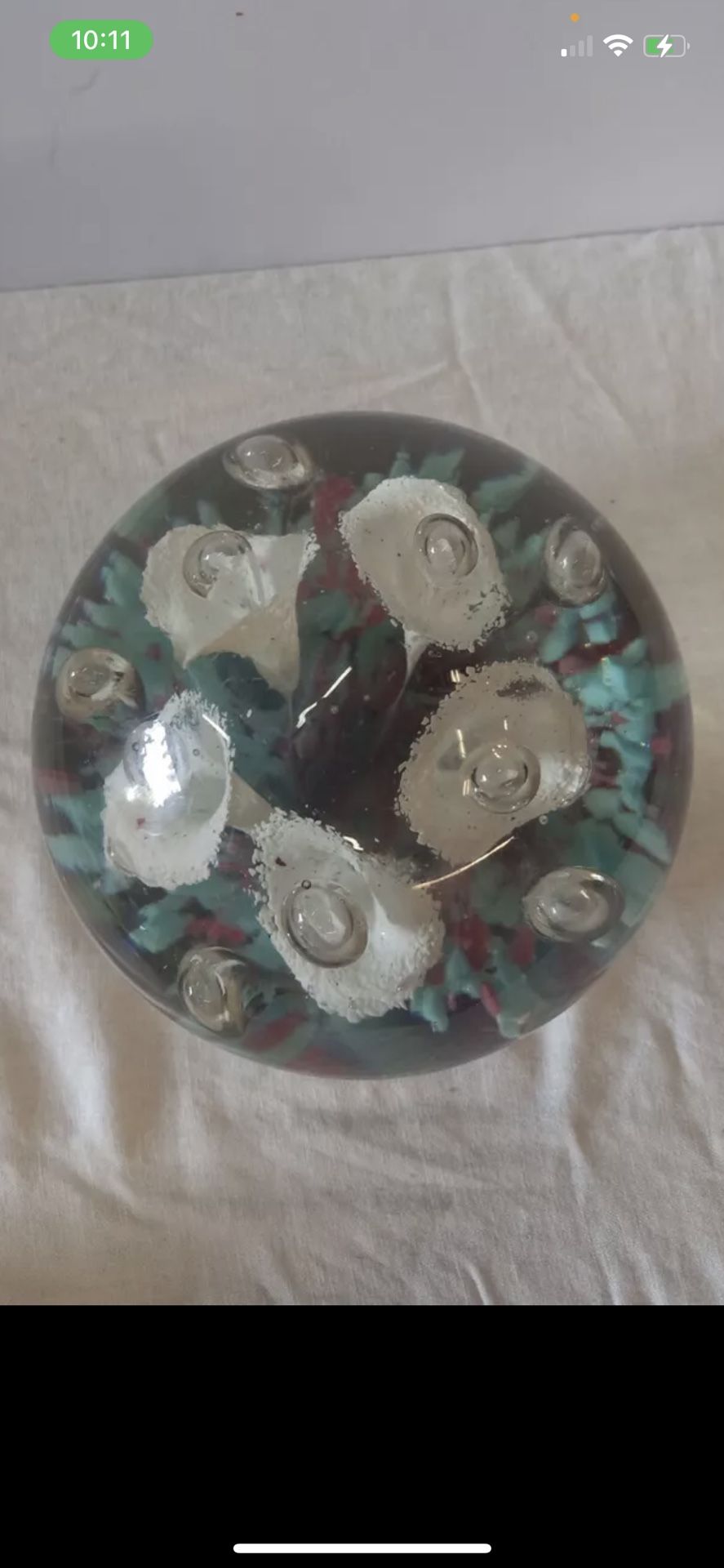 Vintage Floral Controlled Bubbles Art Glass Round Paperweight 5.5” Diameter