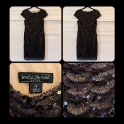 Jessica Howard Petite Black Lace & Sequin Cocktail Dress | Size 4P