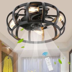 Flush Mount Caged Ceiling Fan with Lights, 18 Inch, 6 Speeds, Rustic Low Profile Ceiling Fan with Light and Remote, Small Bladeless Ceiling Fans for F