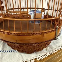 Vintage Asian Bamboo Bird Canary Cage Blue Floral Ceramic Feeder/Water Bowls