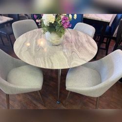 5-pc Round Dining Table Set White Faux Marble Table Top With Light Grey Upholstered Chairs