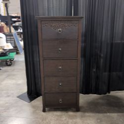 Dark Brown Wood Five-Drawer Dresser with Carved Top