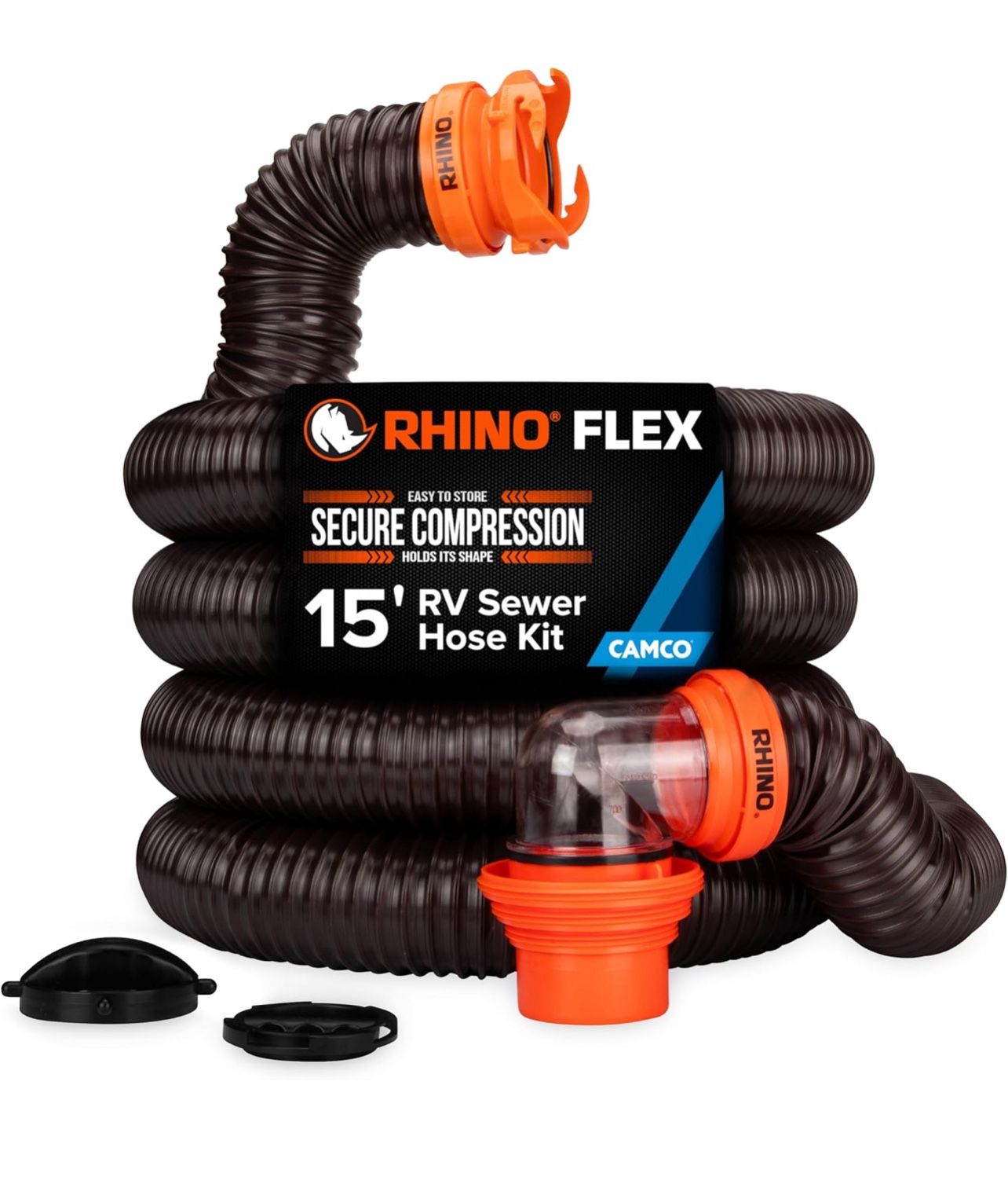 Camco RhinoFLEX 15-Ft RV Sewer Hose Kit - Features Clear Elbow Fitting w/Removable 4-in-1 Adapter - Connects to 3” Slip or 3”/3.5”/4” NPT Threaded Sew