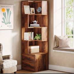 Tribesigns 66.9" L-Shaped Bookshelf, Corner Bookcase With 5-Tier Shelf And 2 Drawers Brand New still in the box E569