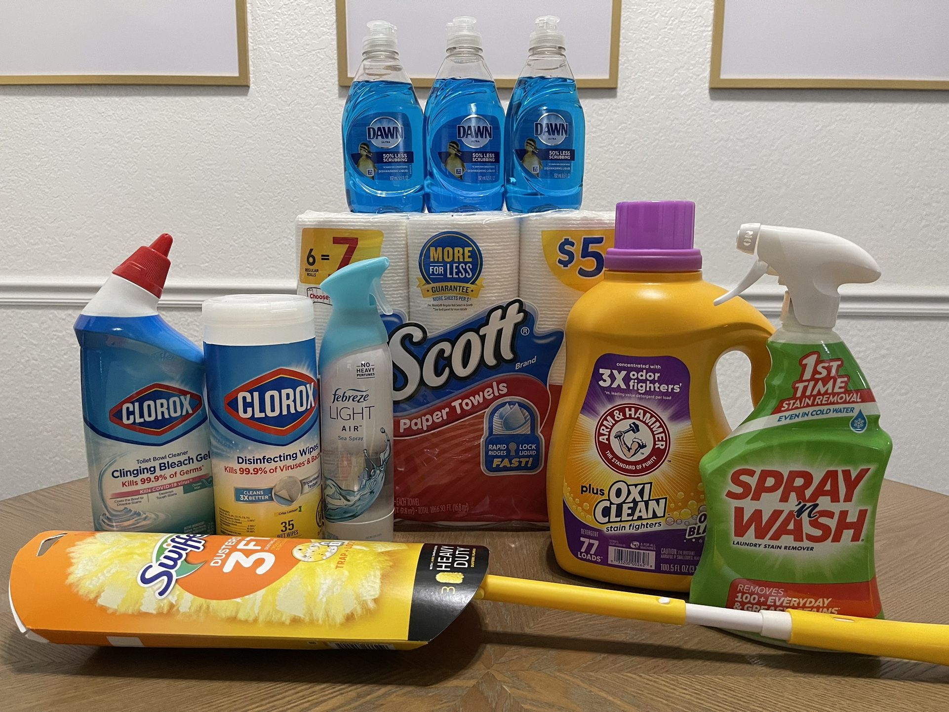 Household Cleaning Bundle Clorox Febreze, Dawn Dish Soap, Arm & Hammer Laundry Detergent, Swiffer Duster Spray & Wash 
