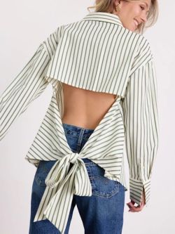 NEW Lulus Logan Ivory And Green Striped Cutout Button-up Long Sleeve Top White