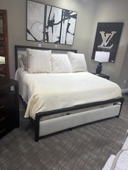 Queen Bed Frame with Upholstered Headboard and Footboard