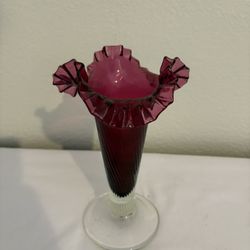 Vintage Cranberry Murano Glass Vase Italy Art Glass 9” Tall