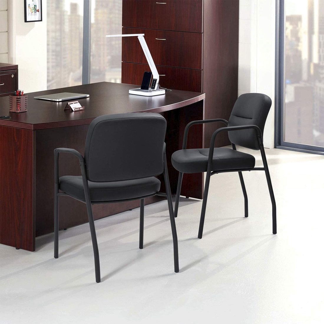 New Set of 2 Heavy Duty Office Reception Chairs for Waiting Room Executive Leather Guest Chairs with Armrests Ergonomic Upholstered Side Chairs with