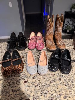 6 pair of girls shoes & bag of clothes
