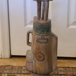 Vintage Wood Hand Carved Golf Bag & Clubs