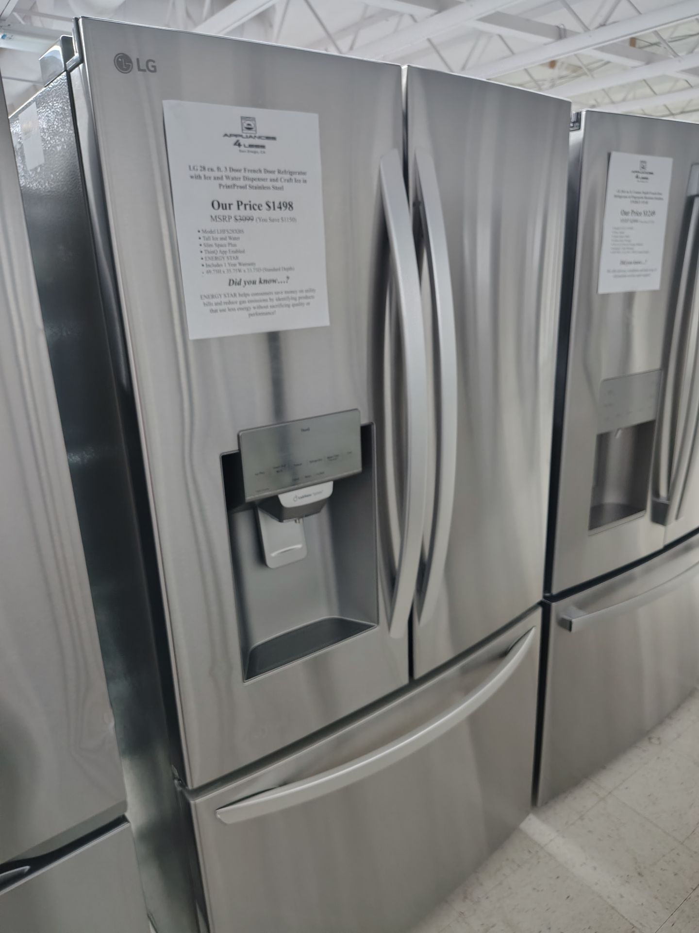 $749 (THIS WEEK ONLY: 50% OFF FRENCH 3 DOOR REFRIGERATORS) LG 28 Cu ft 36'W