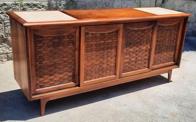 Beautiful 1960's CREDENZA CONSOLE woven doors and Travertine tops and more