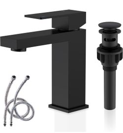 Matte Black Single Handle Bathroom Sink Faucet, Stainless Steel Vanity Faucet for Bathroom Sink, with Pop Up Drain Stopper & Water Supply Hoses
