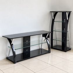 Stylish Black Glass & Metal TV Stand Set