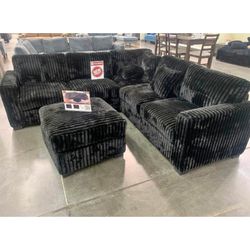 Black Comfortable soft corduroy sectional sofa with ottoman